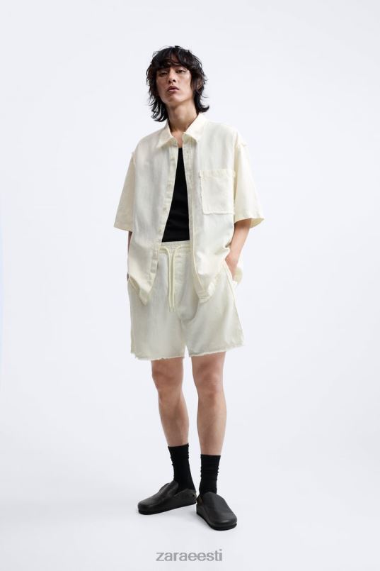 Zara puuvillased linased lühikesed püksid mehed austri valge Riietus 42F0H1250