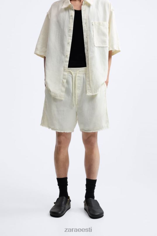 Zara puuvillased linased lühikesed püksid mehed austri valge Riietus 42F0H1250