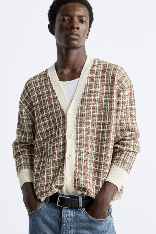 Zara ruuduline žakaarkardigan mehed ekru Riietus 42F0H1044