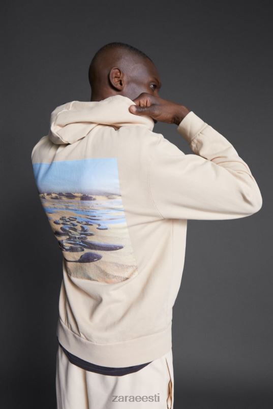 Zara hatthanani mustriga kapuutsiga dressipluus mehed ekru Riietus 42F0H1077