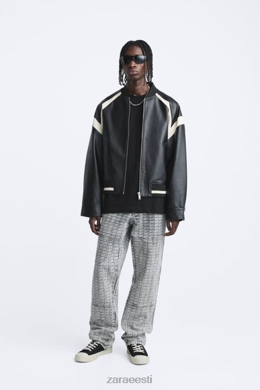 Zara kontrastse kunstnahast bomber jope mehed must Riietus 42F0H1110