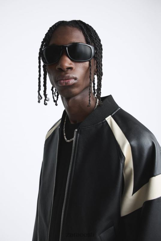 Zara kontrastse kunstnahast bomber jope mehed must Riietus 42F0H1110