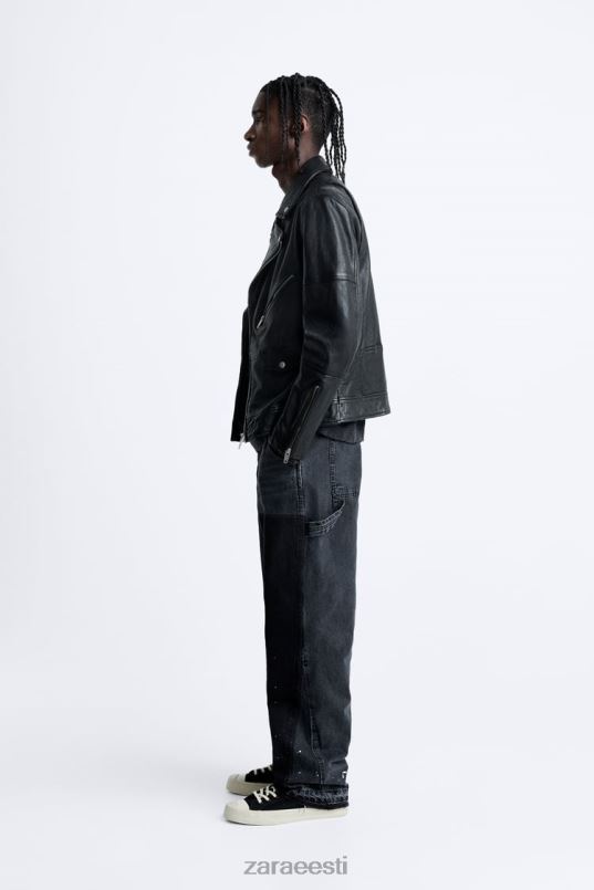 Zara nahast biker jope mehed must Riietus 42F0H1113