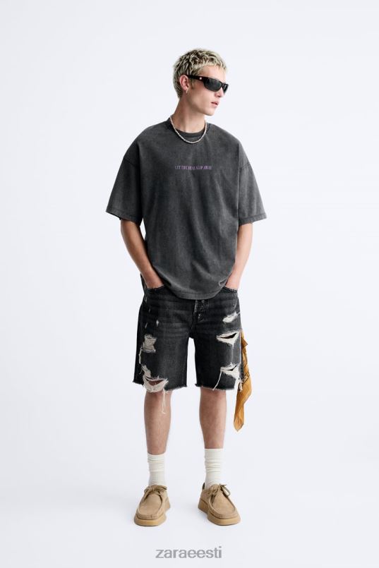 Zara happepesu tekstiga T-särk mehed pleekinud must Riietus 42F0H1214