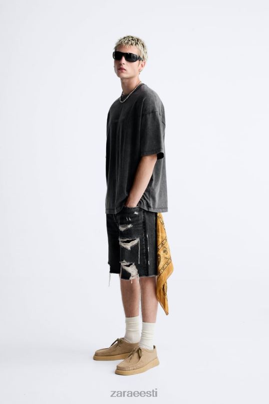 Zara happepesu tekstiga T-särk mehed pleekinud must Riietus 42F0H1214