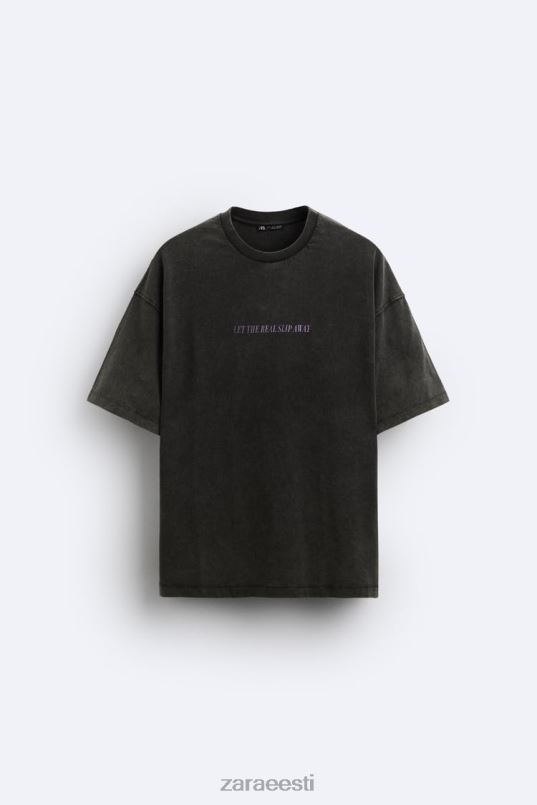 Zara happepesu tekstiga T-särk mehed pleekinud must Riietus 42F0H1214