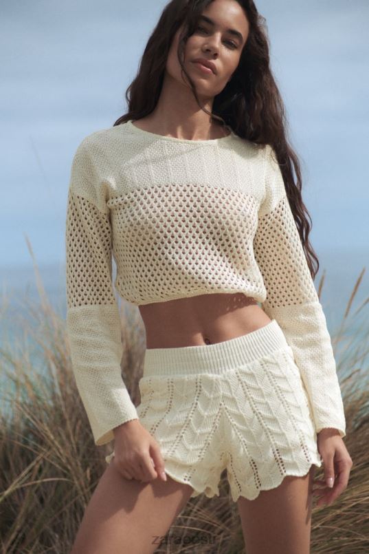 Zara heegeldatud lühikesed püksid naised ekru Riietus 42F0H620