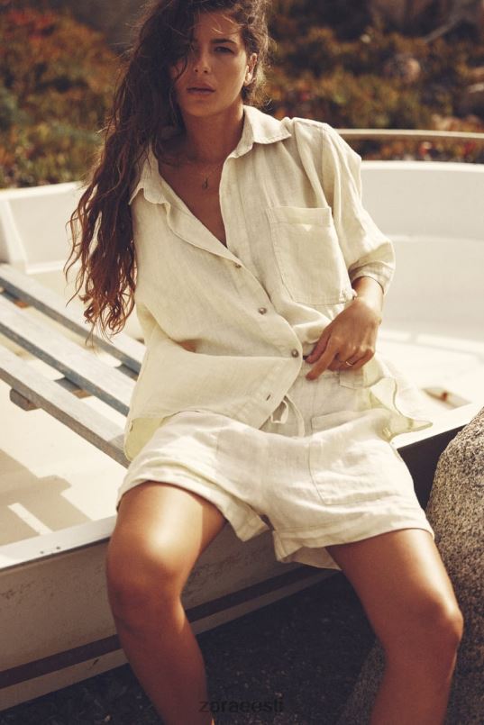 Zara taskutega linased lühikesed püksid naised pastelne kollane Riietus 42F0H583