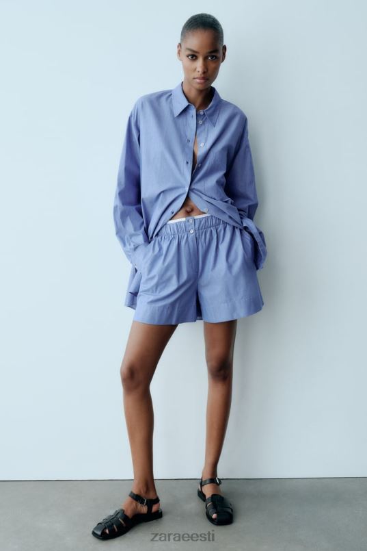 Zara triibulised popliinpüksid naised sinine Riietus 42F0H600