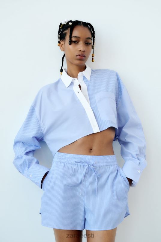 Zara triibulised popliinpüksid naised sinine/valge Riietus 42F0H590