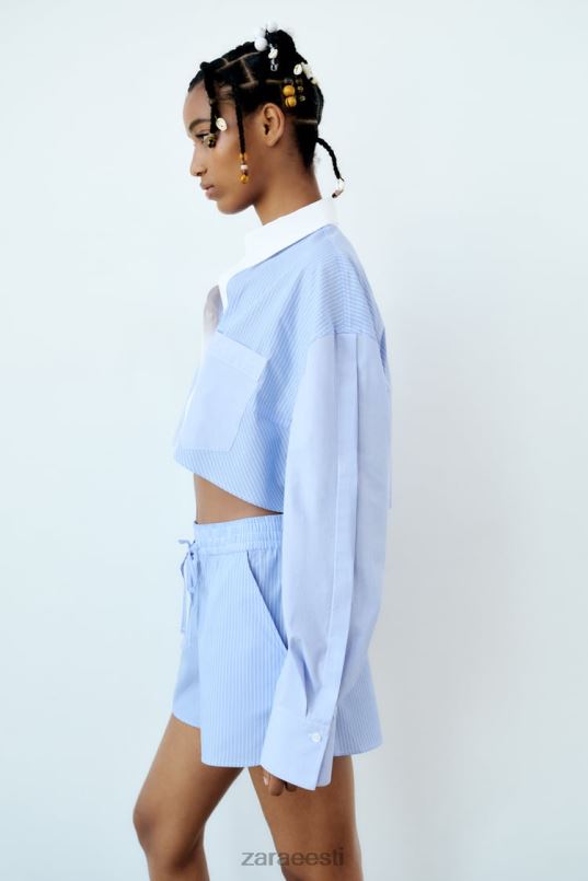 Zara triibulised popliinpüksid naised sinine/valge Riietus 42F0H590