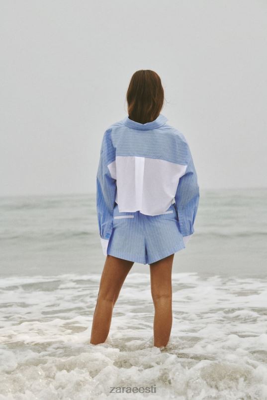 Zara triibulised popliinpüksid naised sinine/valge Riietus 42F0H602