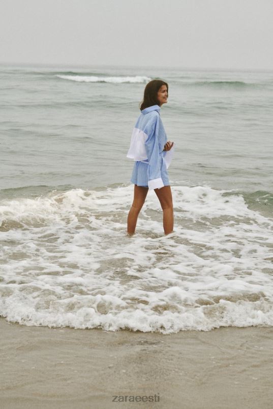 Zara triibulised popliinpüksid naised sinine/valge Riietus 42F0H602