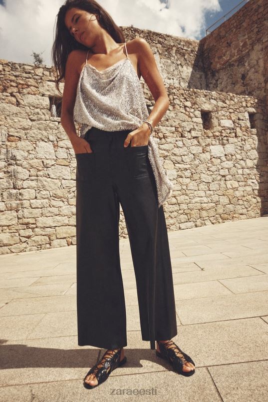 Zara kõrge vöökohaga kunstnahast zw meresirged püksid naised must Riietus 42F0H491