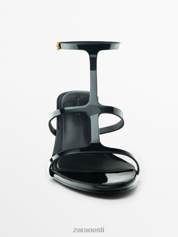 Zara lakkviimistlusega rihmadega kontsaga sandaalid naised must jalatsid 42F0H861