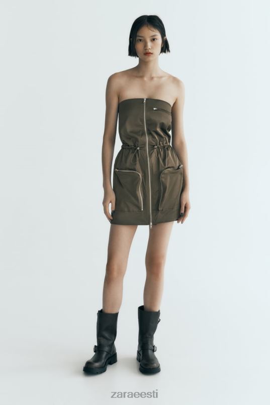 Zara õlapaelteta kleit naised tume khaki Riietus 42F0H240