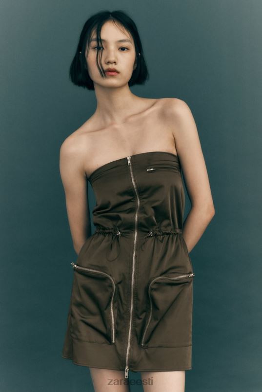 Zara õlapaelteta kleit naised tume khaki Riietus 42F0H240