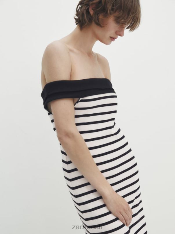 Zara triibuline midikleit kontrastse paatkaelusega naised austri valge Riietus 42F0H866