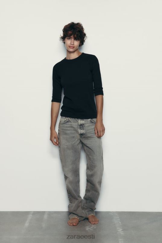 Zara raskekaaluline slub puuvillane T-särk naised must Riietus 42F0H943