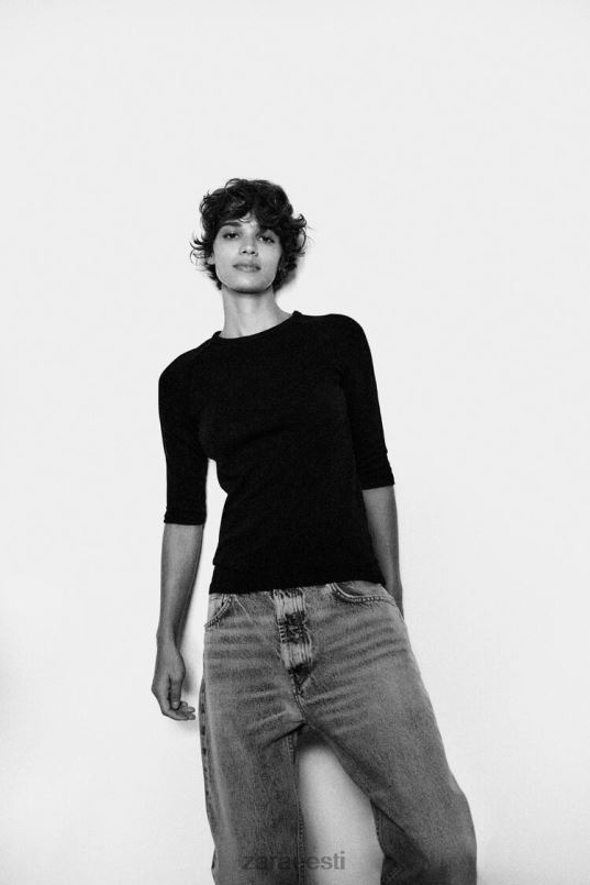 Zara raskekaaluline slub puuvillane T-särk naised must Riietus 42F0H943