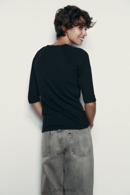 Zara raskekaaluline slub puuvillane T-särk naised must Riietus 42F0H943