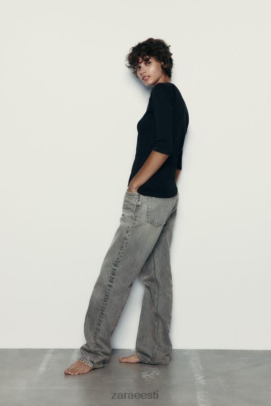 Zara raskekaaluline slub puuvillane T-särk naised must Riietus 42F0H943