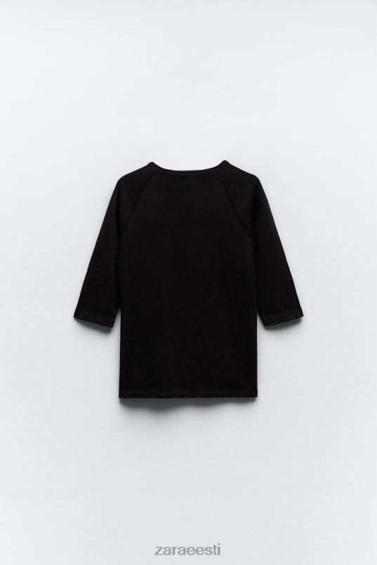 Zara raskekaaluline slub puuvillane T-särk naised must Riietus 42F0H943