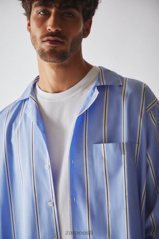 Zara triibuline puuvillane särk naised sinine Riietus 42F0H1793