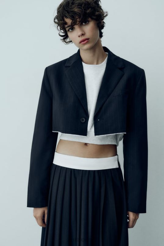 Zara triibuline crop bomber bleiser naised sinine Riietus 42F0H143