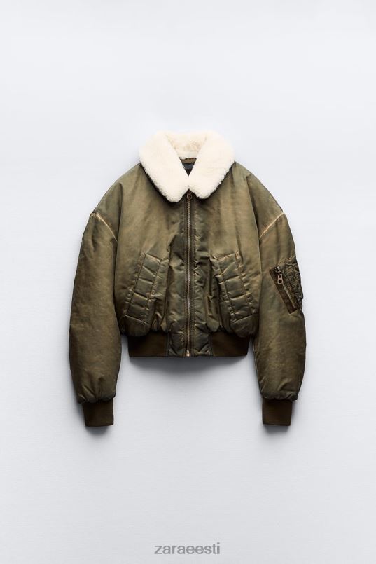 Zara ahastatud efektiga nailonist pommitaja naised khaki Riietus 42F0H9