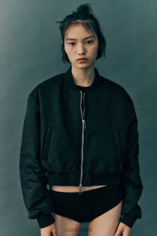 Zara crop nailonist bomber jope naised must Riietus 42F0H15