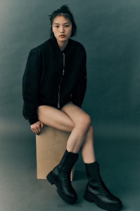 Zara crop nailonist bomber jope naised must Riietus 42F0H15