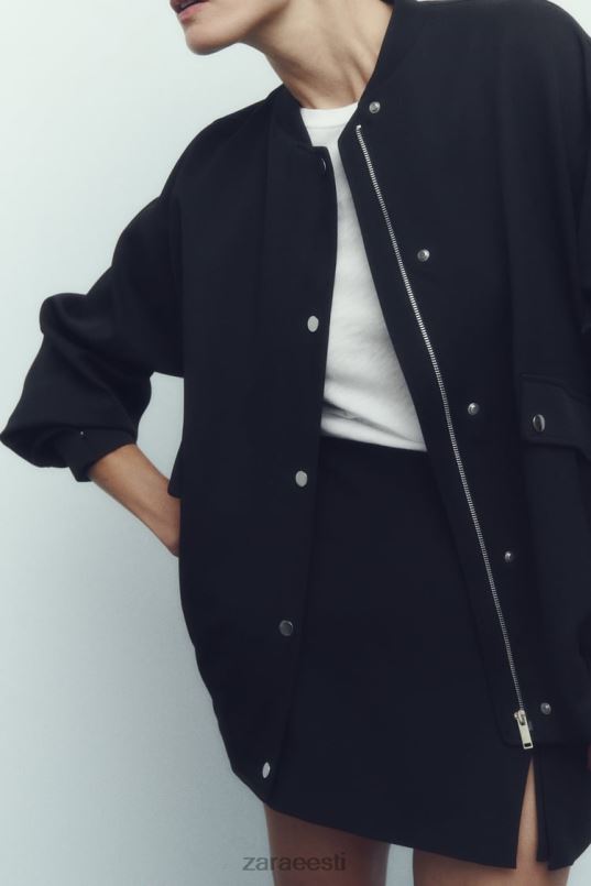 Zara klapiga bomber jope naised must Riietus 42F0H68