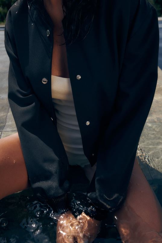 Zara nööbiga bomber jope naised must Riietus 42F0H55