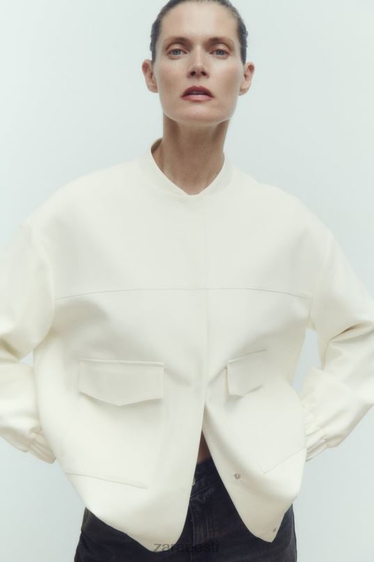 Zara pikk bomber jope plaastri taskutega naised austri valge Riietus 42F0H89