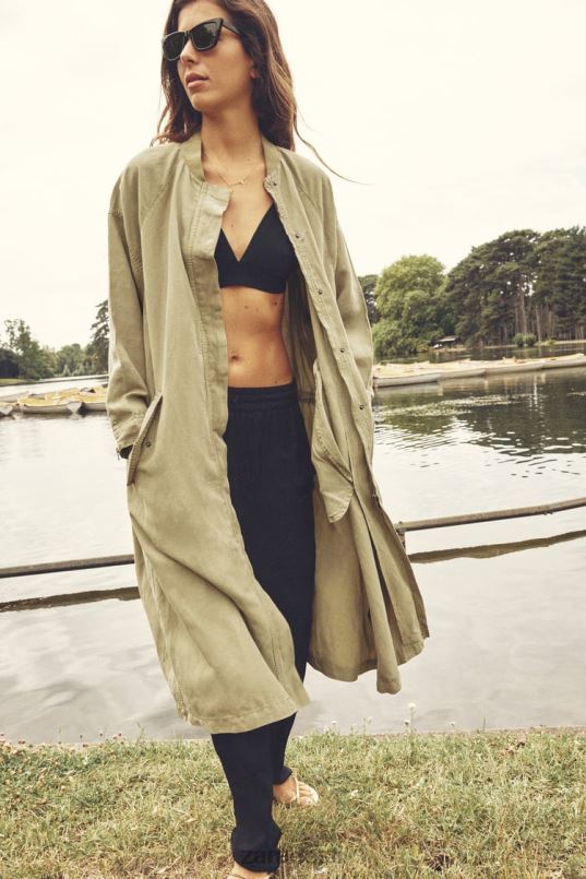 Zara pikk linane mantel naised khaki Riietus 42F0H77