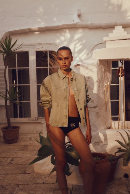 Zara plaastritaskuga teksajakk naised hele khaki Riietus 42F0H104