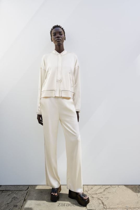 Zara satiinefektiga pealisõmmeldud pommitaja naised ekru keskpaik Riietus 42F0H112