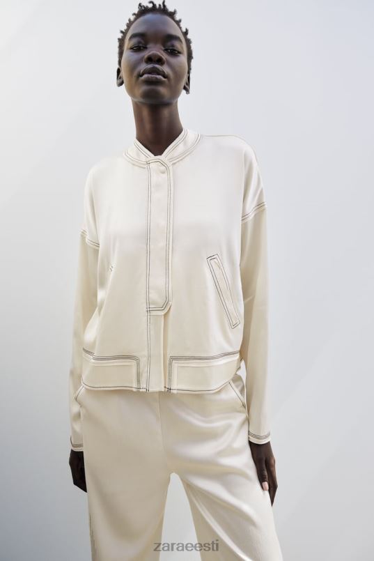 Zara satiinefektiga pealisõmmeldud pommitaja naised ekru keskpaik Riietus 42F0H112