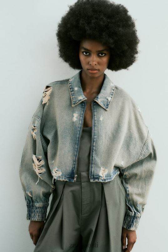 Zara trf ripitud crop teksajakk naised sinine Riietus 42F0H51