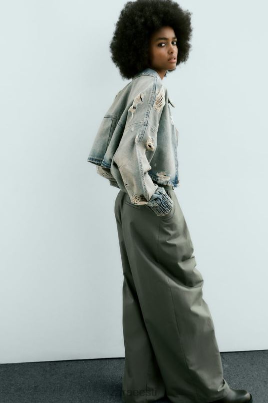 Zara trf ripitud crop teksajakk naised sinine Riietus 42F0H51