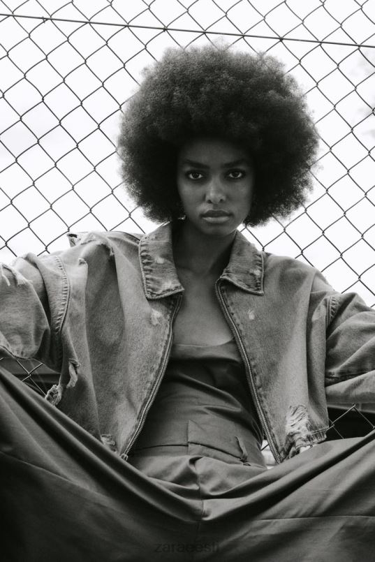 Zara trf ripitud crop teksajakk naised sinine Riietus 42F0H51