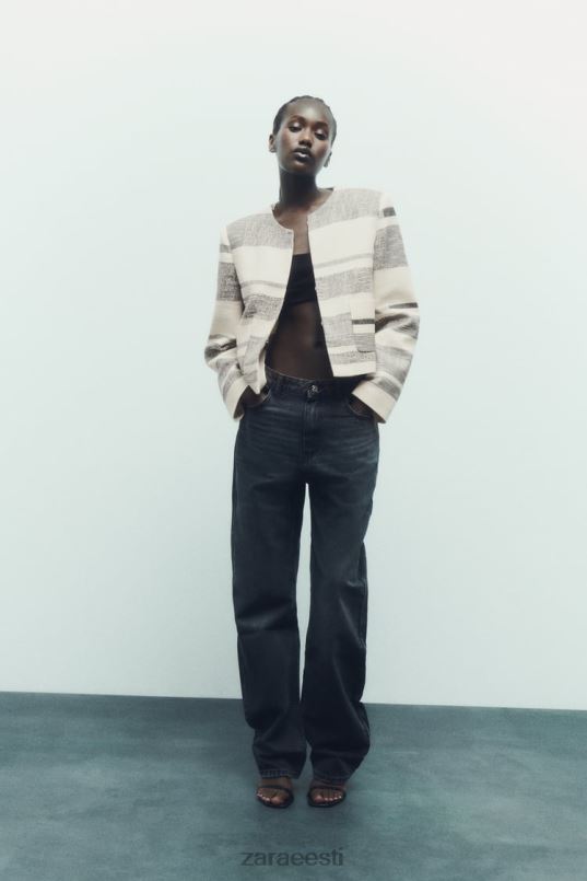 Zara triibuline tekstuuriga bleiser naised ekru/must Riietus 42F0H78