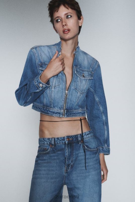 Zara z1975 kulunud kärbitud teksajakk naised keskmine sinine Riietus 42F0H124