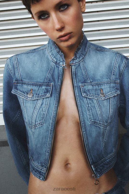 Zara z1975 kulunud kärbitud teksajakk naised keskmine sinine Riietus 42F0H124