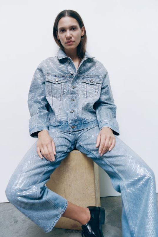 Zara zw rhinestone teksajakk naised tuhmunud sinine Riietus 42F0H126