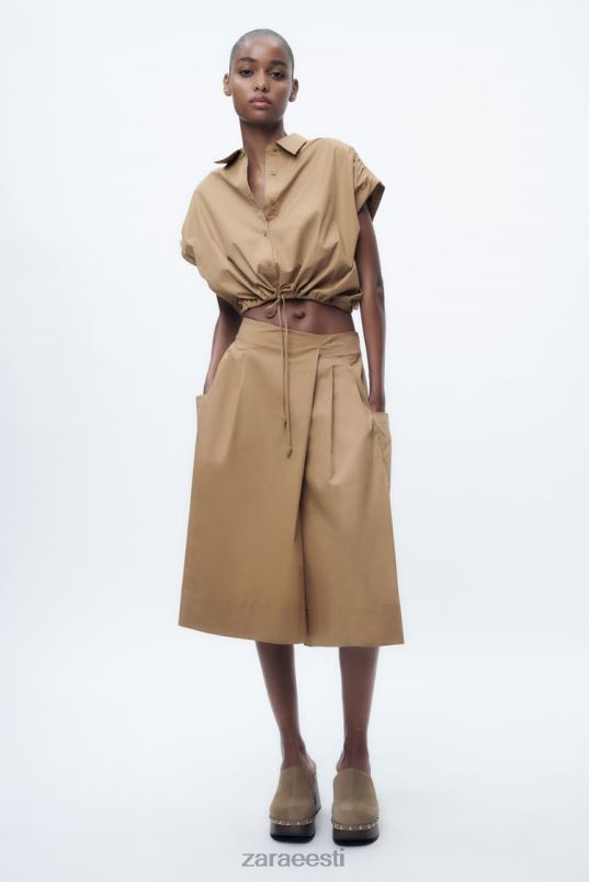 Zara kärbitud popliinsärk naised taupe pruun Riietus 42F0H392