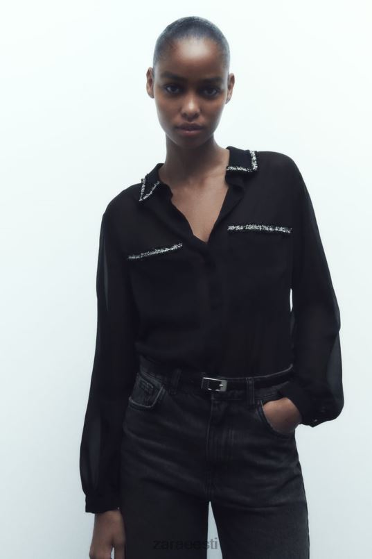 Zara kombineeritud tekstuuriga särk naised must Riietus 42F0H326