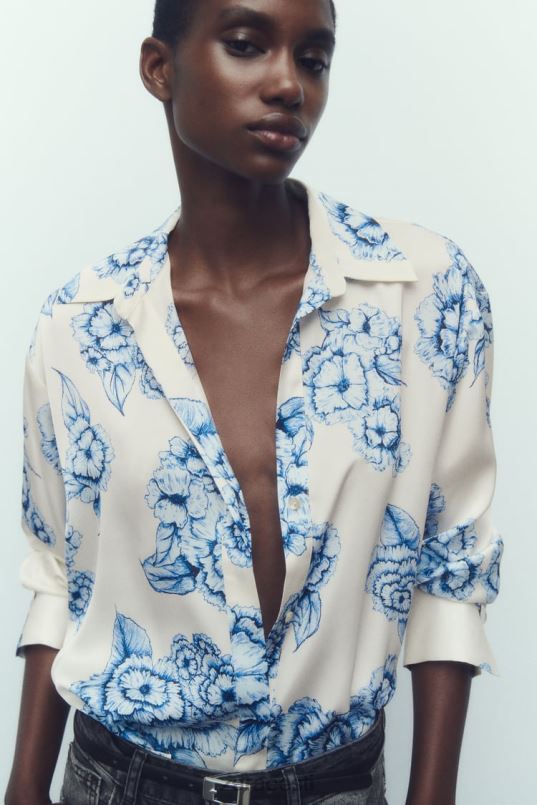 Zara lillemustriga satiinsärk naised sinine/valge Riietus 42F0H336