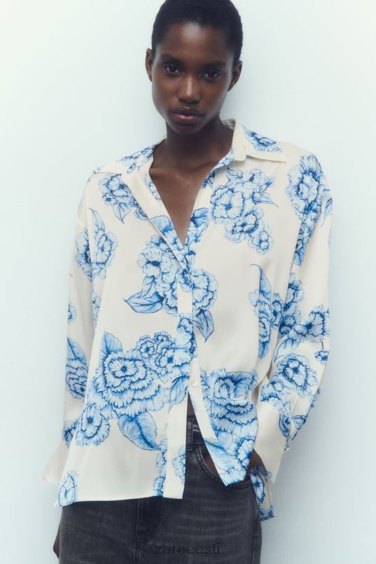 Zara lillemustriga satiinsärk naised sinine/valge Riietus 42F0H336